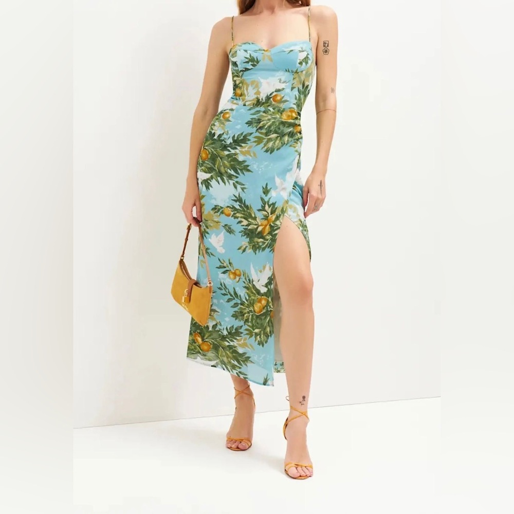 Reformation Kourtney Midi Dress Villa Livia Blue Green Floral Size 4